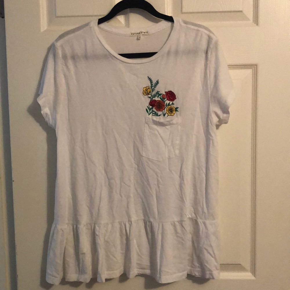 Flower Embroidered Pocket Peplum Tee